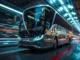 Sleek metallic luxury charter bus driving through a brightly lit modern tunnel at night, representing premium group transportation in Manhattan.