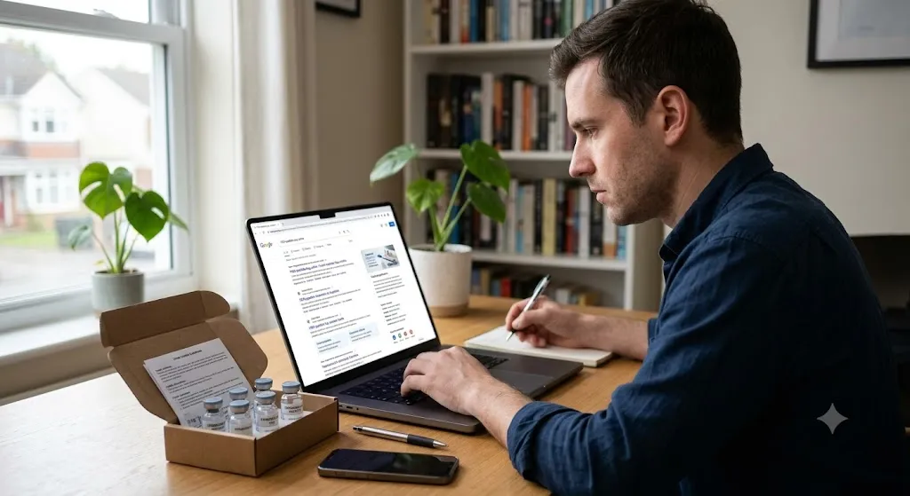 A man sits at a wooden desk by a window, researching on his open laptop while holding a pen over a notebook. On the desk next to him is a small, open cardboard box containing small medical vials, presumably peptides, next to a smartphone.