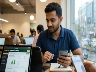 A man in a cafe looking at a tablet displaying a Cricbet99 dashboard showing 2026 bonus deals and cashback offers, while holding a smartphone and pen.