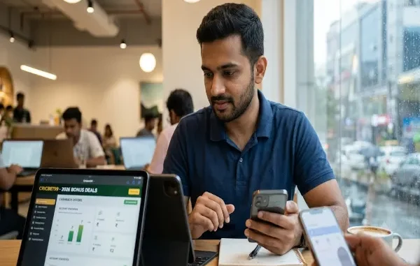 A man in a cafe looking at a tablet displaying a Cricbet99 dashboard showing 2026 bonus deals and cashback offers, while holding a smartphone and pen.