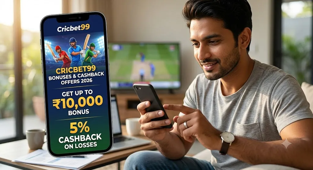 A man sitting on a couch smiling while looking at his smartphone. A large vertical phone graphic overlays the scene, displaying text that reads "Cricbet99 Bonuses & Cashback Offers 2026," "Get Up To ₹10,000 Bonus," and "5% Cashback on Losses." In the background, a TV is playing a cricket match.