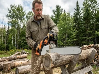 A man wearing safety glasses and gloves uses a chainsaw with an 18-inch guide bar to cut a log on a wooden sawhorse outdoors.