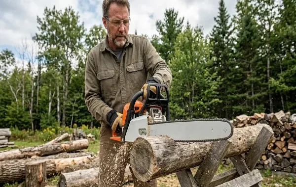 A man wearing safety glasses and gloves uses a chainsaw with an 18-inch guide bar to cut a log on a wooden sawhorse outdoors.