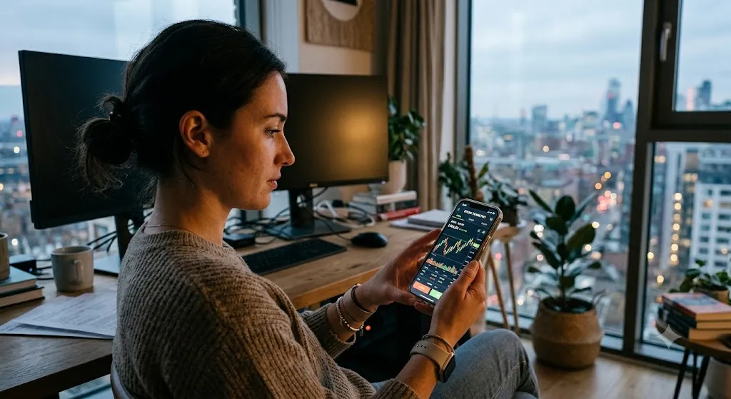 A woman sitting at a desk with two large, blank computer monitors while actively tracking financial charts and trading stocks on her smartphone, illustrating the shift from desktop to mobile trading.
