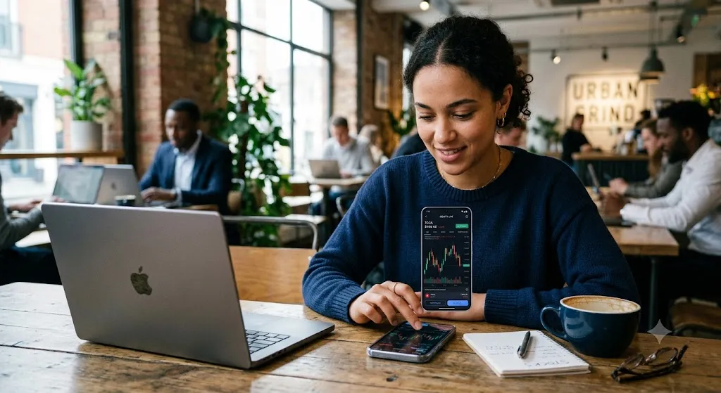 A woman sitting at a wooden table in a bustling cafe, smiling as she monitors real-time stock trading charts on her smartphone. An open laptop sits closed or ignored to her left, while a cup of coffee and a notebook are on her right, illustrating the shift from desktop platforms to mobile app investing.