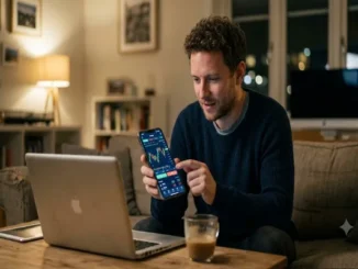 A man sitting on a living room couch, pointing to a vibrant stock trading chart on his smartphone while a laptop sits open and ignored on the coffee table in front of him.