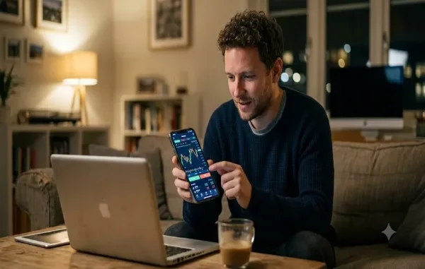 A man sitting on a living room couch, pointing to a vibrant stock trading chart on his smartphone while a laptop sits open and ignored on the coffee table in front of him.