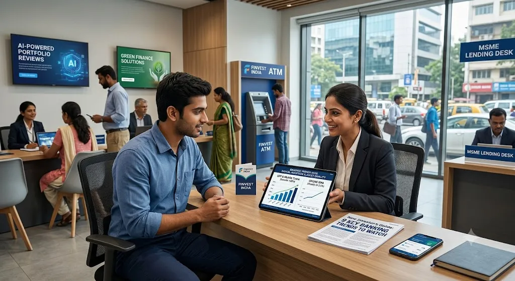 A bright, modern Indian bank branch interior featuring a young male investor sitting across from a female banking advisor. The advisor is presenting a tablet displaying financial growth charts and banking trends for 2026. On the wall behind them, digital screens display "AI-Powered Portfolio Reviews" and "Green Finance Solutions." In the background, other customers interact with staff, an ATM is visible, and a sign points to an "MSME Lending Desk," reflecting the core themes of digital adoption, data-driven credit, and modern investment options in India's banking sector.