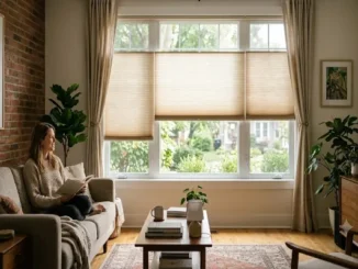 A woman relaxes on a sofa, reading a book in a sunlit living room featuring multiple window treatments, including adjustable cellular shades and light beige curtains, showcasing light control and home comfort.