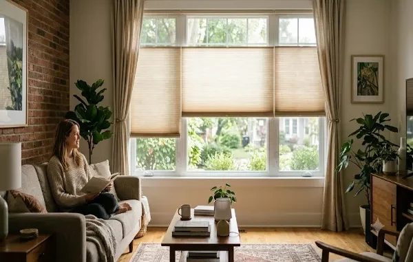 A woman relaxes on a sofa, reading a book in a sunlit living room featuring multiple window treatments, including adjustable cellular shades and light beige curtains, showcasing light control and home comfort.