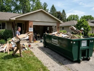 A medium shot of a suburban home undergoing renovation. Two workers are present: one is carrying a pile of wood and drywall toward the camera on the left, and another, wearing a hard hat, is on the right, actively throwing a bundle of wood into a large, green 20-yard roll-off dumpster in the driveway. The dumpster features "Monarch Dumpster Rental" branding. The scene includes renovation tools and scattered materials on the lawn and driveway.