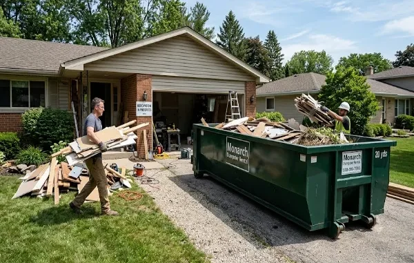 A medium shot of a suburban home undergoing renovation. Two workers are present: one is carrying a pile of wood and drywall toward the camera on the left, and another, wearing a hard hat, is on the right, actively throwing a bundle of wood into a large, green 20-yard roll-off dumpster in the driveway. The dumpster features "Monarch Dumpster Rental" branding. The scene includes renovation tools and scattered materials on the lawn and driveway.