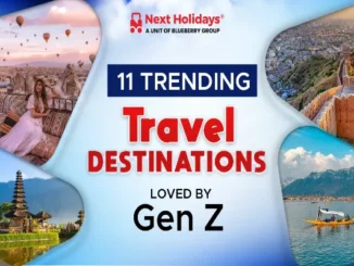 A travel banner titled "11 Trending Travel Destinations Loved by Gen Z" featuring four distinct travel photos: hot air balloons over Cappadocia, a historic fort overlooking a city, a traditional Balinese temple by the water, and a scenic boat on a lake surrounded by mountains.
