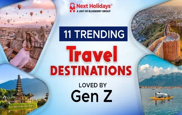 A travel banner titled "11 Trending Travel Destinations Loved by Gen Z" featuring four distinct travel photos: hot air balloons over Cappadocia, a historic fort overlooking a city, a traditional Balinese temple by the water, and a scenic boat on a lake surrounded by mountains.