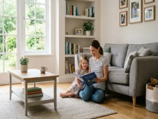 A mother and her young daughter sit on the wooden floor of a sunlit living room, smiling and reading a book titled "BEDTIME STORIES" together.