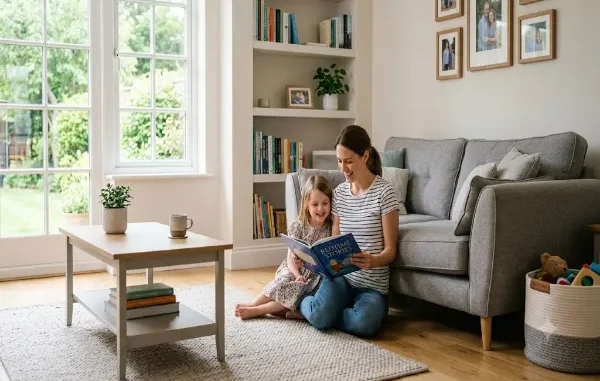 A mother and her young daughter sit on the wooden floor of a sunlit living room, smiling and reading a book titled "BEDTIME STORIES" together.