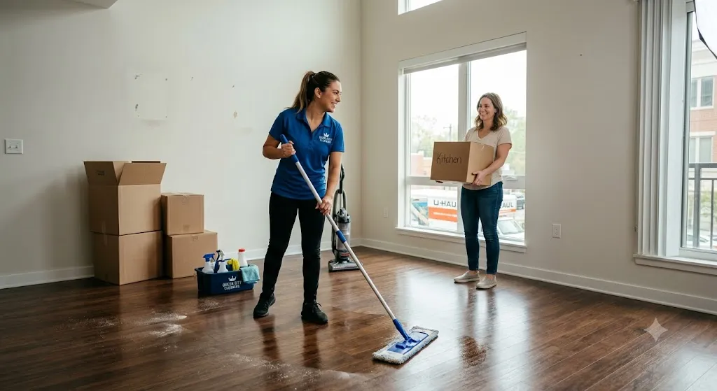 A professional cleaner in a blue uniform mopping a polished hardwood floor in a spacious, empty apartment living room while a smiling homeowner holds a moving box labeled "Kitchen." Cardboard boxes and cleaning supplies are visible in the background, illustrating a stress-free move-in and move-out experience.
