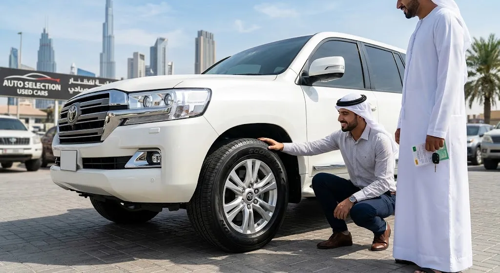 A buyer in a Dubai used car lot crouches down to inspect a brand-new, clean tyre on a pristine white SUV. Next to him, a seller in a traditional white Emirati kandura stands smiling while holding the car keys, with the Dubai skyline and Burj Khalifa visible in the background.