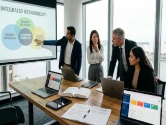 A diverse four-person business team discusses an 'INTEGRATED METHODOLOGY' diagram on a projector screen, which visually links 'ORGANIC AUTHORITY', 'AI SEARCH VISIBILITY', and 'CONTENT STRATEGY' within a modern Sydney office overlooking the Opera House.