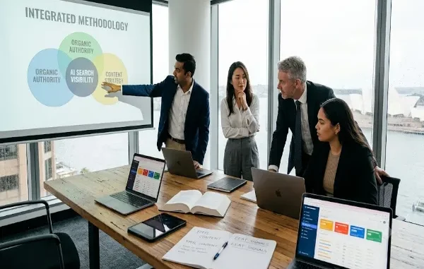 A diverse four-person business team discusses an 'INTEGRATED METHODOLOGY' diagram on a projector screen, which visually links 'ORGANIC AUTHORITY', 'AI SEARCH VISIBILITY', and 'CONTENT STRATEGY' within a modern Sydney office overlooking the Opera House.