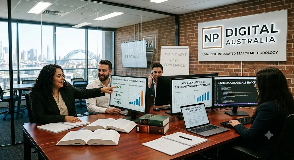 A photograph of the NP Digital Australia team in a modern office overlooking Sydney Harbour. Four specialists are working around a conference table with open law books and computers displaying data. A woman is pointing to a monitor that reads, "NP Digital Australia: #1 Legal SEO Australia." In the background, there is a whiteboard mentioning "E-E-A-T AUDIT" and a backlit company sign on a brick wall.