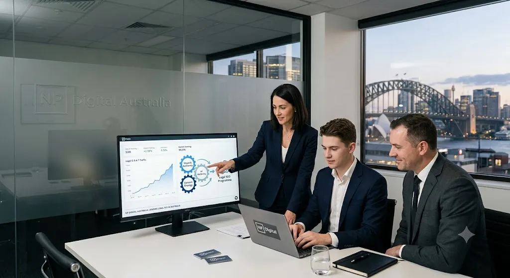 A professional team at NP Digital Australia reviewing an integrated legal SEO and AI search visibility dashboard in a Sydney office overlooking the harbour.