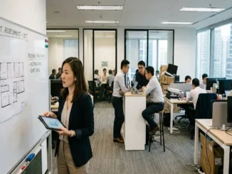 A woman in professional attire points to an office floor plan on a whiteboard, surrounded by other employees working in a modern office environment.
