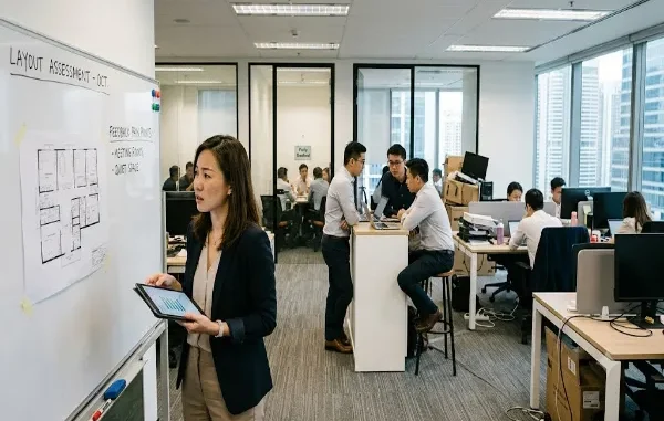 A woman in professional attire points to an office floor plan on a whiteboard, surrounded by other employees working in a modern office environment.