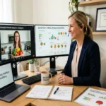 A smiling female nutrition consultant in a blazer sits at a bright wooden desk during a virtual meeting. Her dual-monitor setup shows a video call with a client holding fresh vegetables on one screen and custom meal-planning charts on the other. On the desk are a laptop, an open notebook with a meal plan sketch, and a printed plan titled "Flourishing Online Nutrition Practice."