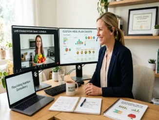 A smiling female nutrition consultant in a blazer sits at a bright wooden desk during a virtual meeting. Her dual-monitor setup shows a video call with a client holding fresh vegetables on one screen and custom meal-planning charts on the other. On the desk are a laptop, an open notebook with a meal plan sketch, and a printed plan titled "Flourishing Online Nutrition Practice."