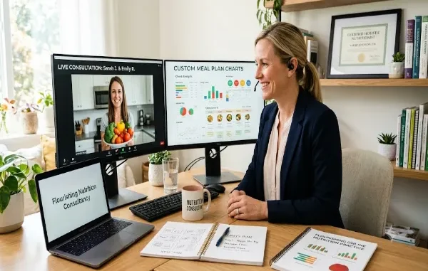 A smiling female nutrition consultant in a blazer sits at a bright wooden desk during a virtual meeting. Her dual-monitor setup shows a video call with a client holding fresh vegetables on one screen and custom meal-planning charts on the other. On the desk are a laptop, an open notebook with a meal plan sketch, and a printed plan titled "Flourishing Online Nutrition Practice."