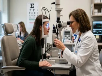 A female patient sits at a slit lamp microscope while an ophthalmologist in a white lab coat conducts an eye examination in a clinic.
