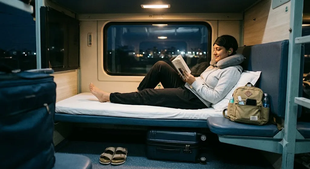 A relaxed traveler relaxing on a lower berth inside a clean Indian AC sleeper train at night, reading a book with neatly packed luggage and essentials nearby.