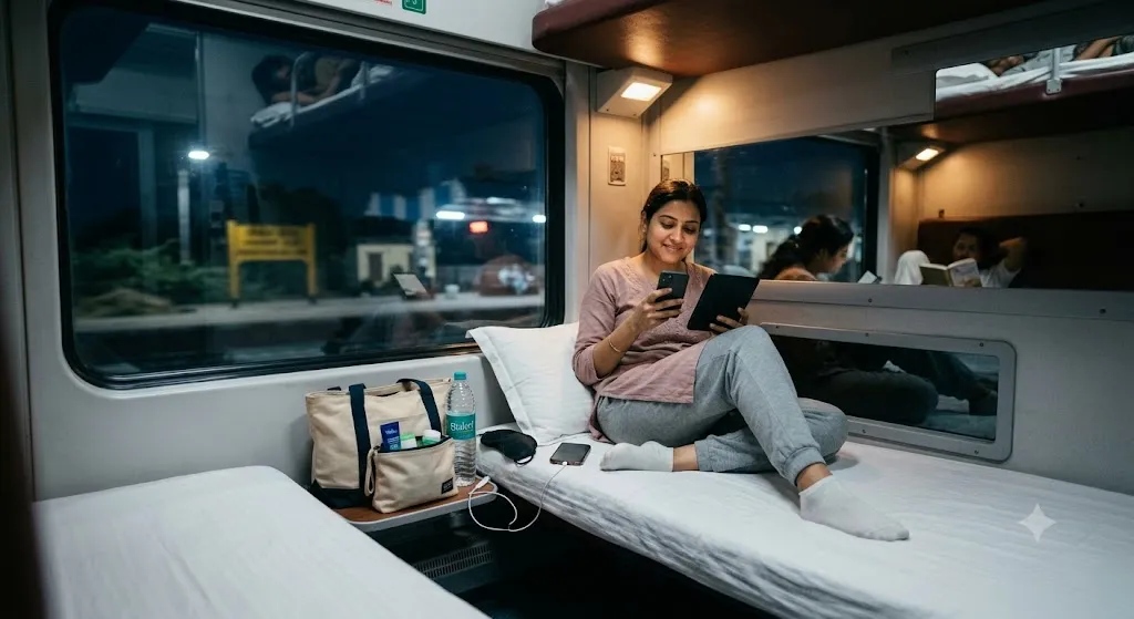 A female passenger wearing comfortable clothes sitting on a clean train berth at night, holding a phone and e-reader next to her organized travel bag and essentials.