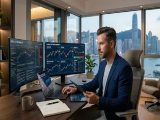 A professional financial trader in a blazer working at a modern desk with dual monitors displaying global futures trading charts against a high-rise city skyline view.