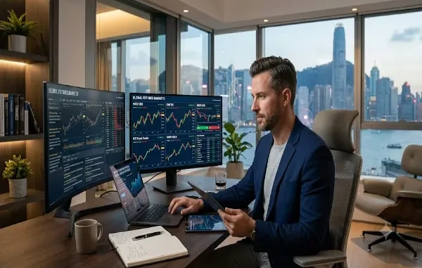 A professional financial trader in a blazer working at a modern desk with dual monitors displaying global futures trading charts against a high-rise city skyline view.