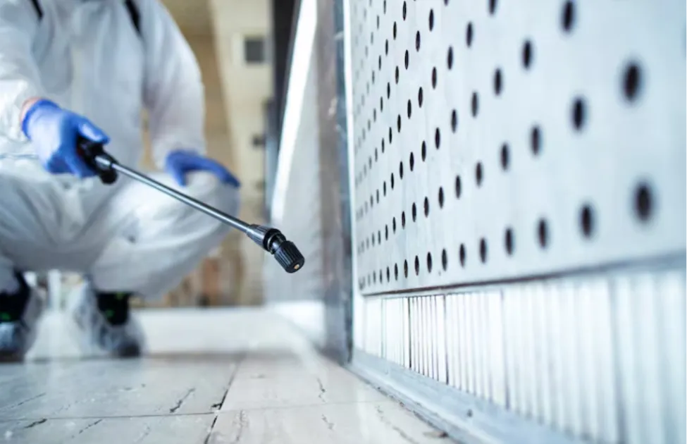Pest control technician in protective gear spraying treatment along a wall baseboard to prevent household pests.