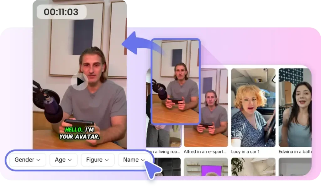 An AI video avatar creation platform interface displaying customization options like Gender, Age, Figure, and Name, alongside a digital presenter saying, "Hello, I'm your avatar," highlighting potential design pitfalls.