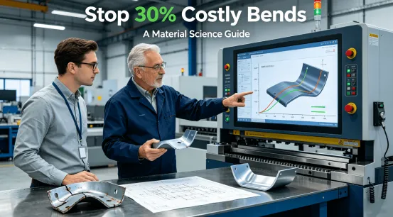 A product designer and a sheet metal expert in a modern factory analyze a failed bent part, unclear drawings, and a successful optimized sample against real-time material strain simulation data, illustrating the collaborative, science-based approach to avoiding costly bending errors.