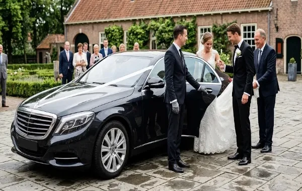 A candid photograph capturing a wedding couple boarding a black Mercedes-Benz S-Class sedan. A formally dressed chauffeur holds the door, with the groom helping the bride. The setting is a paved courtyard of a European venue in the Netherlands, with blurred VIP guests in the background. Natural daylight.