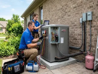 Two professional HVAC technicians in blue uniforms carefully installing and calibrating a new outdoor air conditioning unit next to a brick house.