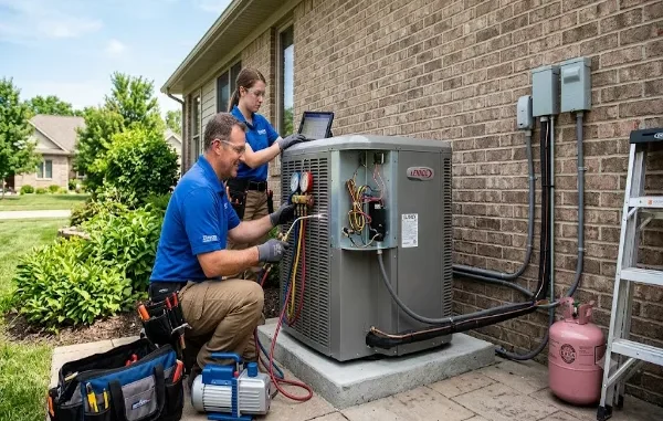 Two professional HVAC technicians in blue uniforms carefully installing and calibrating a new outdoor air conditioning unit next to a brick house.