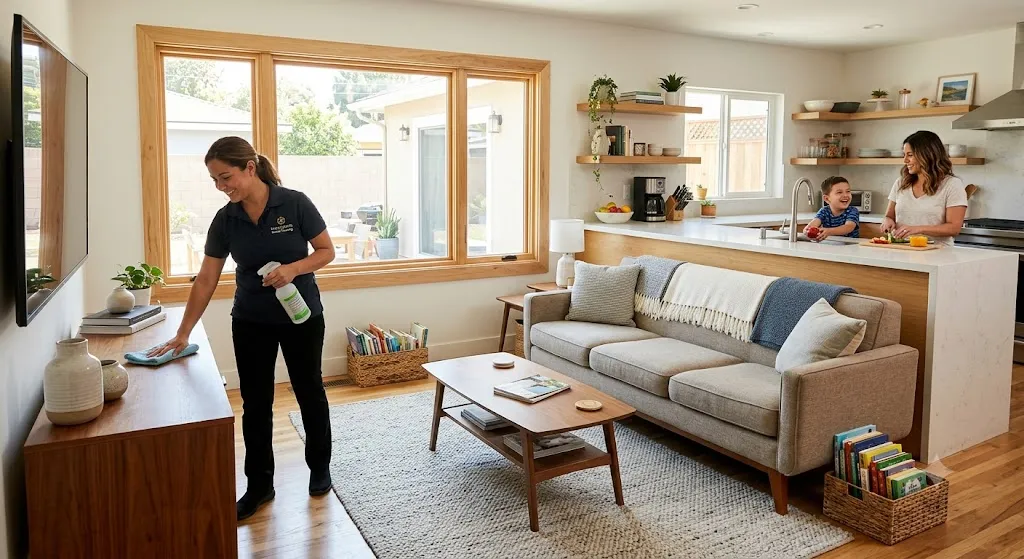 A professional female house cleaner wearing a blue uniform is dusting a modern, light-wood media console in a spacious open-plan living room and kitchen. In the background, a mother and son are preparing food at a kitchen island, with natural light coming through a large window.