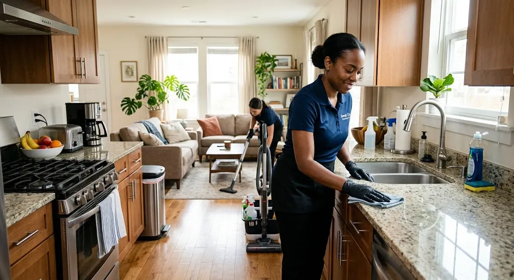 Two professional house cleaners meticulously cleaning a bright, open-concept kitchen and living room, with one wiping a granite countertop and the other vacuuming in the background.
