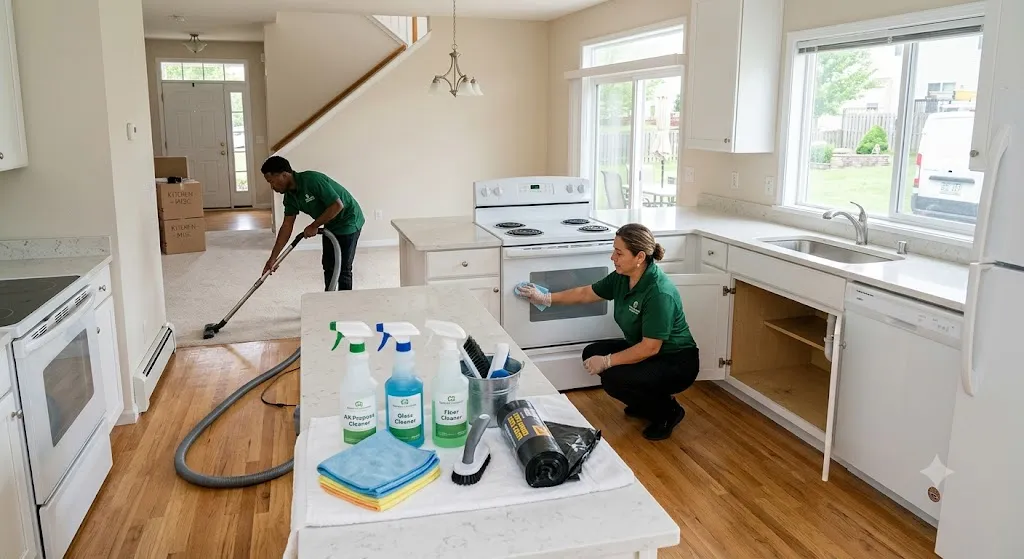 Two professional cleaners in green shirts working in an empty house; a woman wipes down a white oven in a bright kitchen with open cabinets, while a man vacuums the carpeted living room area in the background near stacked moving boxes.