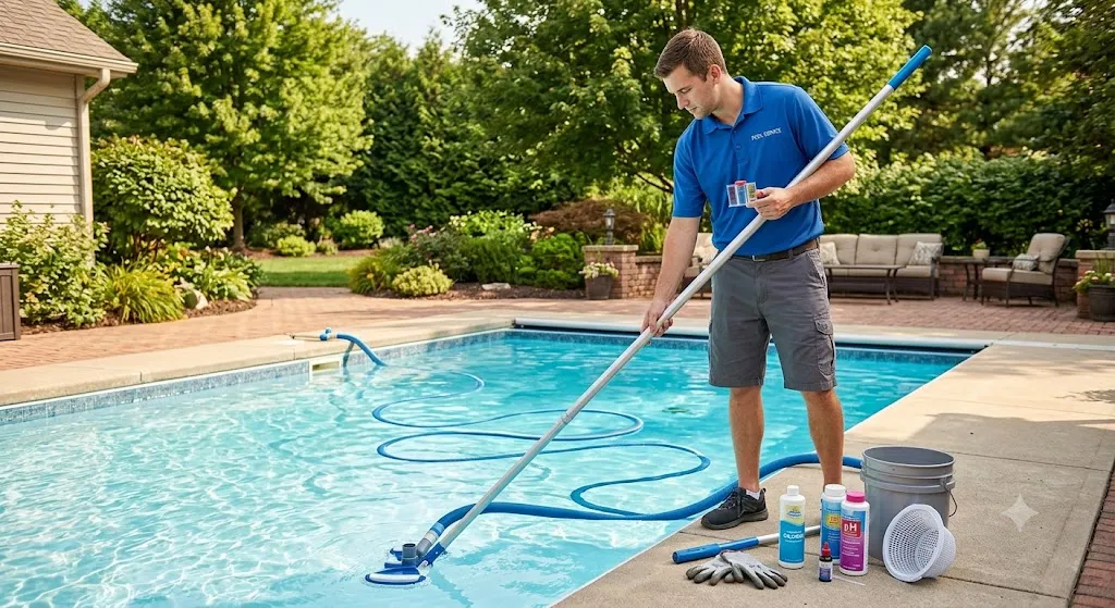 A professional pool technician in a blue shirt vacuuming a clear blue residential swimming pool on a sunny day, using a long pole and hose while surrounded by maintenance supplies and a lush backyard with lounge furniture.