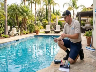 A pool service technician in a beige polo shirt and cap kneels by a sunny backyard swimming pool, using a chemical test kit to check water balance. Palm trees and patio furniture are in the background.
