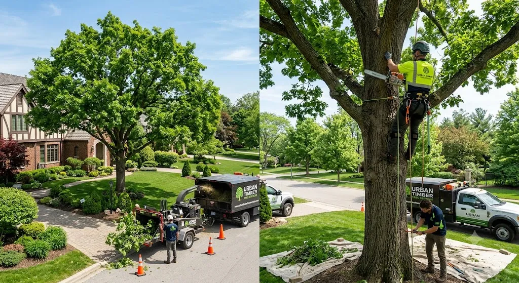 A split-screen showing professional tree preservation services by Urban Timber Tree Services in a residential neighborhood. The left side features a worker feeding branches into a wood chipper next to a company truck on a paved driveway by a large, healthy oak tree. The right side shows a certified arborist secured by safety ropes high up in a tree trunk using a chainsaw to prune branches, while a ground crew member manages the safety line below near a branded work truck.