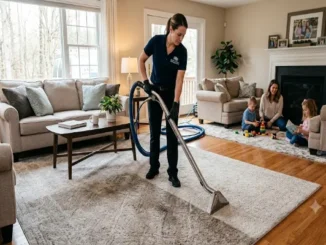 A professional female cleaner in a uniform uses a professional floor cleaner on a gray rug in a living room while a woman and two children sit on another rug by the fireplace.