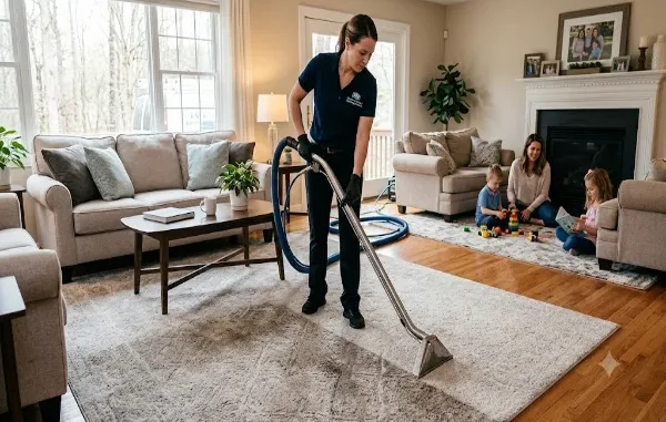 A professional female cleaner in a uniform uses a professional floor cleaner on a gray rug in a living room while a woman and two children sit on another rug by the fireplace.